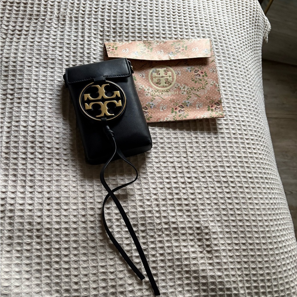 Tory Burch Black Leather Crossbody Phone Pouch with Gold Logo Medallion